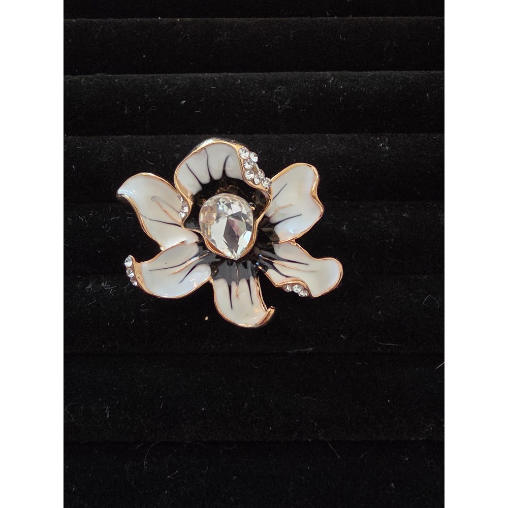 White Enamel Orchid Flower Brooch Gold Tone Teardrop Crystal Rhinestone Pin